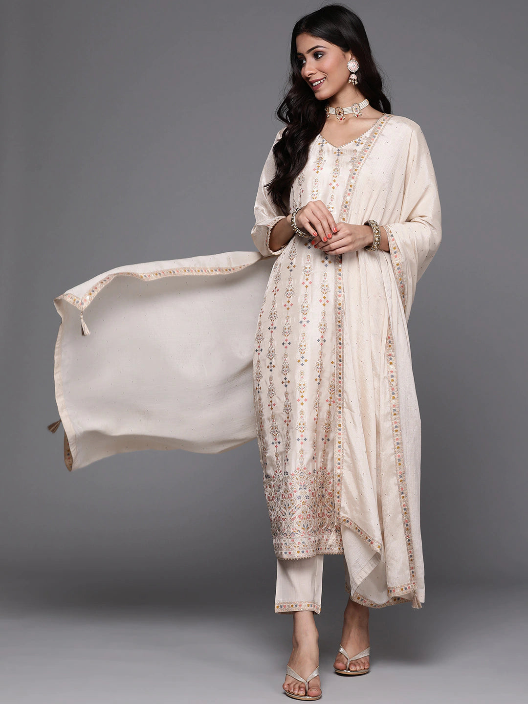 Beige woven design Kurta with Trousers with dupatta