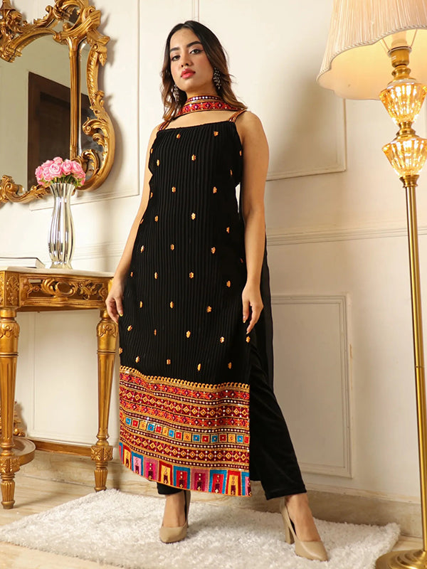 Embellished Black Thread Work Kurta With Trouser & Dupatta