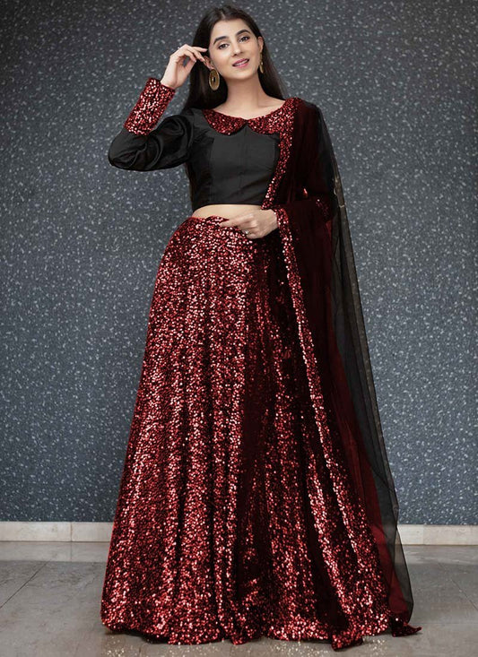 Adorable Velvet Fabric With Maroon Sequence Work Party Wear Lehengha