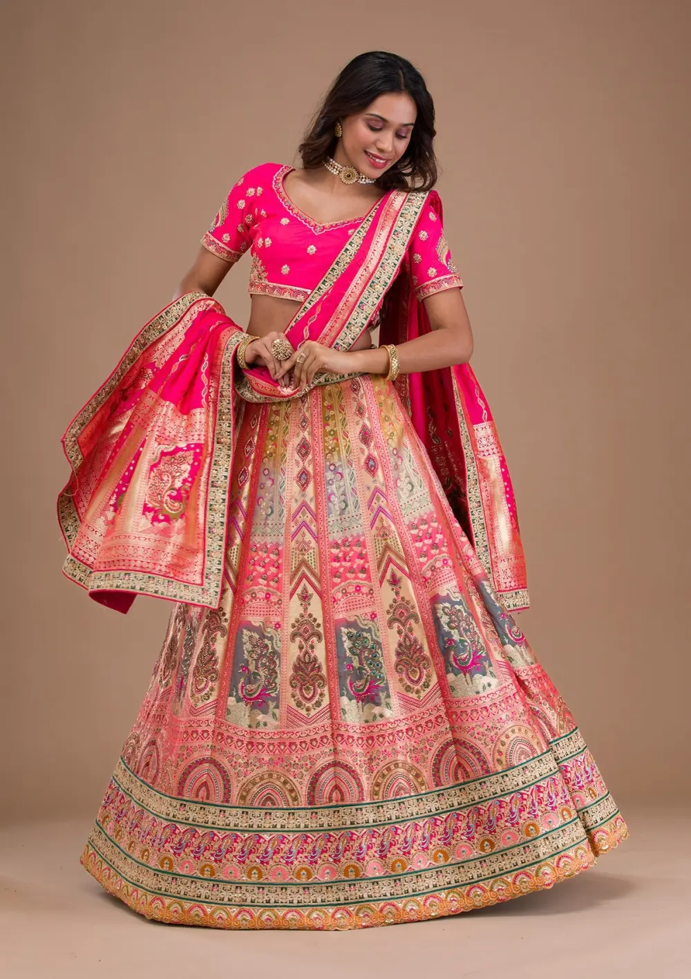 Pink Zariwork Banarasi Readymade Lehenga