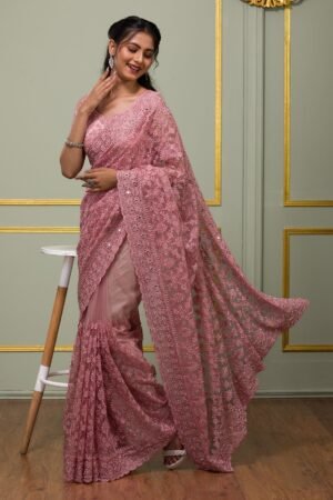 Onion Pink Threadwork Net Designer Saree