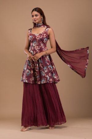 Rust Printed Semi Crepe Readymade Sharara Suit