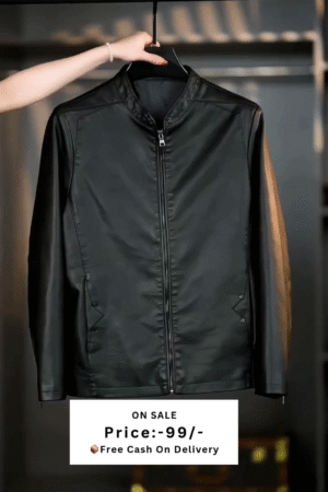 Men Mandarin Collar Solid PU Casual Windcheater Jacket
