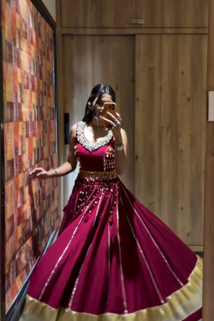 Maroon Red Rayon Double Ghera Navratri Lehenga Choli with Vertical Gota Patti Lace Work & Heavy Embroidered Choli